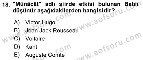 Tanzimat Dönemi Türk Edebiyatı 2 Dersi 2018 - 2019 Yılı (Final) Dönem Sonu Sınav Soruları 18. Soru