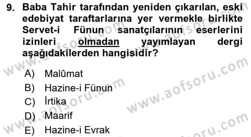 Tanzimat Dönemi Türk Edebiyatı 2 Dersi 2018 - 2019 Yılı (Final) Dönem Sonu Sınav Soruları 9. Soru