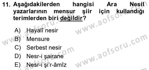 Tanzimat Dönemi Türk Edebiyatı 2 Dersi 2018 - 2019 Yılı Yaz Okulu Sınav Soruları 11. Soru