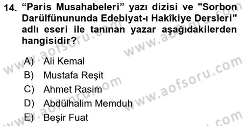 Tanzimat Dönemi Türk Edebiyatı 2 Dersi 2018 - 2019 Yılı Yaz Okulu Sınav Soruları 14. Soru
