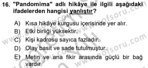 Tanzimat Dönemi Türk Edebiyatı 2 Dersi 2018 - 2019 Yılı Yaz Okulu Sınav Soruları 16. Soru