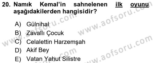 Tanzimat Dönemi Türk Edebiyatı 2 Dersi 2018 - 2019 Yılı Yaz Okulu Sınav Soruları 20. Soru