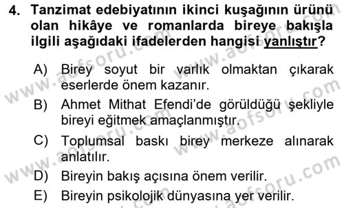 Tanzimat Dönemi Türk Edebiyatı 2 Dersi 2018 - 2019 Yılı Yaz Okulu Sınav Soruları 4. Soru