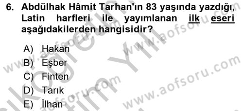 Tanzimat Dönemi Türk Edebiyatı 2 Dersi 2018 - 2019 Yılı Yaz Okulu Sınav Soruları 6. Soru