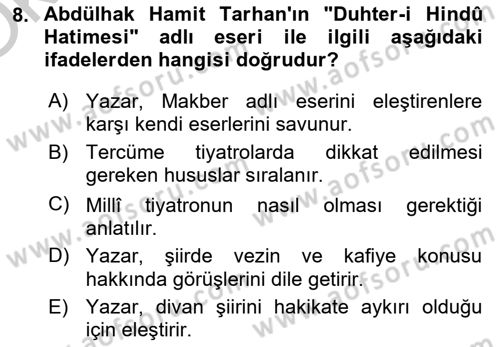 Tanzimat Dönemi Türk Edebiyatı 2 Dersi 2018 - 2019 Yılı Yaz Okulu Sınav Soruları 8. Soru