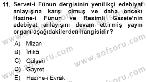 Tanzimat Dönemi Türk Edebiyatı 2 Dersi 2020 - 2021 Yılı Yaz Okulu Sınav Soruları 11. Soru