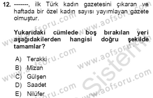 Tanzimat Dönemi Türk Edebiyatı 2 Dersi 2020 - 2021 Yılı Yaz Okulu Sınavı 12. Soru