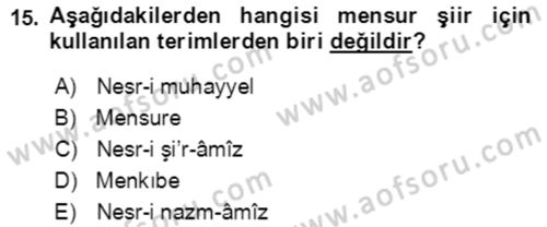 Tanzimat Dönemi Türk Edebiyatı 2 Dersi 2020 - 2021 Yılı Yaz Okulu Sınav Soruları 15. Soru