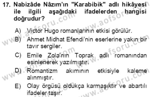 Tanzimat Dönemi Türk Edebiyatı 2 Dersi 2020 - 2021 Yılı Yaz Okulu Sınav Soruları 17. Soru