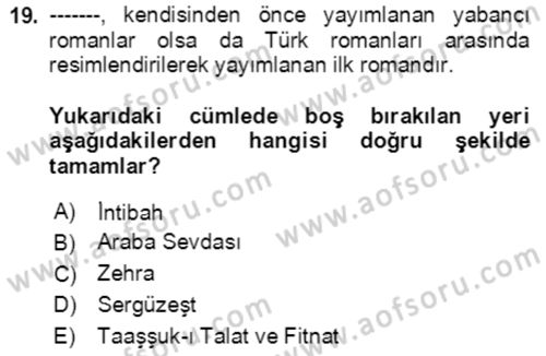 Tanzimat Dönemi Türk Edebiyatı 2 Dersi 2020 - 2021 Yılı Yaz Okulu Sınav Soruları 19. Soru