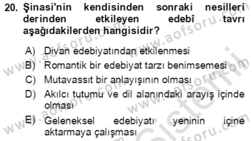 Tanzimat Dönemi Türk Edebiyatı 2 Dersi 2020 - 2021 Yılı Yaz Okulu Sınav Soruları 20. Soru