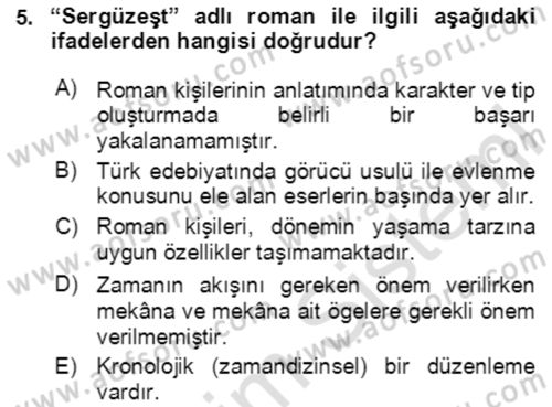 Tanzimat Dönemi Türk Edebiyatı 2 Dersi 2020 - 2021 Yılı Yaz Okulu Sınav Soruları 5. Soru