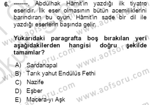 Tanzimat Dönemi Türk Edebiyatı 2 Dersi 2020 - 2021 Yılı Yaz Okulu Sınav Soruları 6. Soru