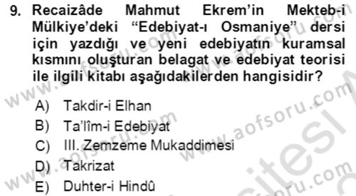 Tanzimat Dönemi Türk Edebiyatı 2 Dersi 2020 - 2021 Yılı Yaz Okulu Sınav Soruları 9. Soru