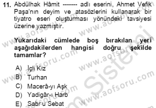 Tanzimat Dönemi Türk Edebiyatı 2 Dersi 2021 - 2022 Yılı (Vize) Ara Sınav Soruları 11. Soru