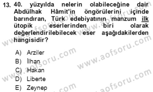 Tanzimat Dönemi Türk Edebiyatı 2 Dersi 2021 - 2022 Yılı (Vize) Ara Sınav Soruları 13. Soru