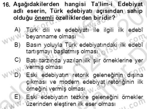 Tanzimat Dönemi Türk Edebiyatı 2 Dersi 2021 - 2022 Yılı (Vize) Ara Sınav Soruları 16. Soru