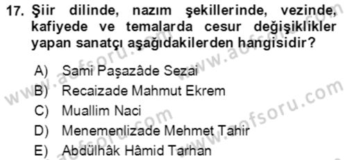 Tanzimat Dönemi Türk Edebiyatı 2 Dersi 2021 - 2022 Yılı (Vize) Ara Sınav Soruları 17. Soru