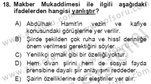 Tanzimat Dönemi Türk Edebiyatı 2 Dersi 2021 - 2022 Yılı (Vize) Ara Sınav Soruları 18. Soru