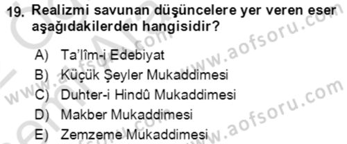 Tanzimat Dönemi Türk Edebiyatı 2 Dersi 2021 - 2022 Yılı (Vize) Ara Sınav Soruları 19. Soru