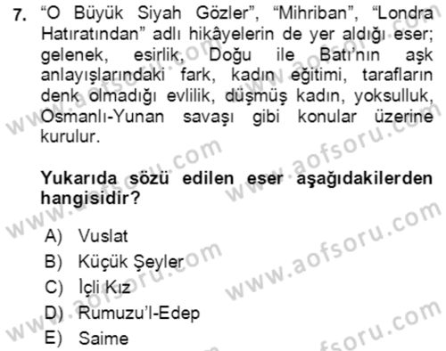 Tanzimat Dönemi Türk Edebiyatı 2 Dersi 2021 - 2022 Yılı (Vize) Ara Sınav Soruları 7. Soru
