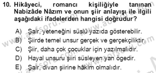 Tanzimat Dönemi Türk Edebiyatı 2 Dersi 2021 - 2022 Yılı (Final) Dönem Sonu Sınav Soruları 10. Soru