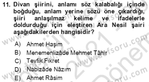 Tanzimat Dönemi Türk Edebiyatı 2 Dersi 2021 - 2022 Yılı (Final) Dönem Sonu Sınav Soruları 11. Soru