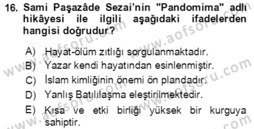 Tanzimat Dönemi Türk Edebiyatı 2 Dersi 2021 - 2022 Yılı (Final) Dönem Sonu Sınav Soruları 16. Soru