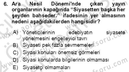 Tanzimat Dönemi Türk Edebiyatı 2 Dersi 2021 - 2022 Yılı (Final) Dönem Sonu Sınav Soruları 6. Soru