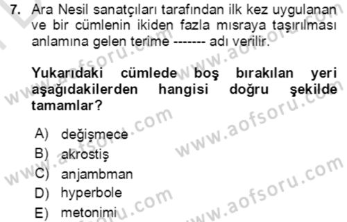Tanzimat Dönemi Türk Edebiyatı 2 Dersi 2021 - 2022 Yılı (Final) Dönem Sonu Sınav Soruları 7. Soru