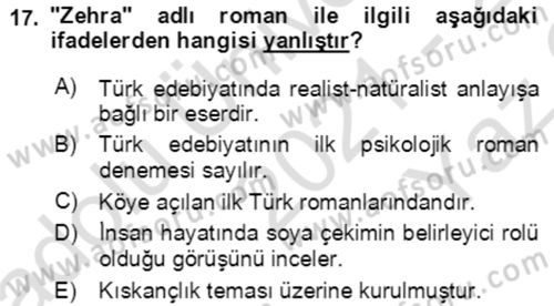 Tanzimat Dönemi Türk Edebiyatı 2 Dersi 2021 - 2022 Yılı Yaz Okulu Sınav Soruları 17. Soru