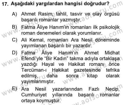 Tanzimat Dönemi Türk Edebiyatı 2 Dersi 2022 - 2023 Yılı Yaz Okulu Sınav Soruları 17. Soru
