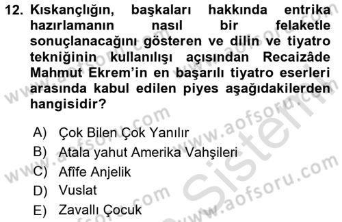 Tanzimat Dönemi Türk Edebiyatı 2 Dersi 2023 - 2024 Yılı (Vize) Ara Sınav Soruları 12. Soru