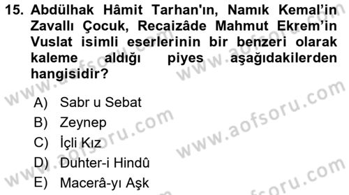 Tanzimat Dönemi Türk Edebiyatı 2 Dersi 2023 - 2024 Yılı (Vize) Ara Sınav Soruları 15. Soru