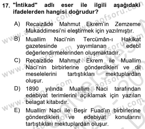 Tanzimat Dönemi Türk Edebiyatı 2 Dersi 2023 - 2024 Yılı (Vize) Ara Sınav Soruları 17. Soru