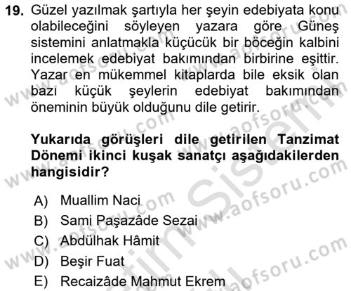 Tanzimat Dönemi Türk Edebiyatı 2 Dersi 2023 - 2024 Yılı (Vize) Ara Sınav Soruları 19. Soru