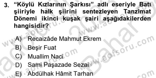 Tanzimat Dönemi Türk Edebiyatı 2 Dersi 2023 - 2024 Yılı (Vize) Ara Sınav Soruları 3. Soru