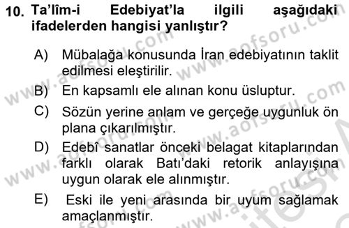 Tanzimat Dönemi Türk Edebiyatı 2 Dersi 2023 - 2024 Yılı (Final) Dönem Sonu Sınav Soruları 10. Soru