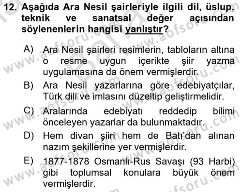 Tanzimat Dönemi Türk Edebiyatı 2 Dersi 2023 - 2024 Yılı (Final) Dönem Sonu Sınav Soruları 12. Soru