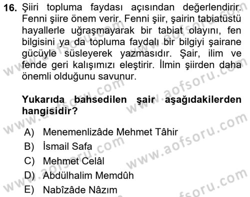 Tanzimat Dönemi Türk Edebiyatı 2 Dersi 2023 - 2024 Yılı (Final) Dönem Sonu Sınav Soruları 16. Soru
