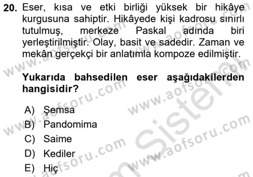 Tanzimat Dönemi Türk Edebiyatı 2 Dersi 2023 - 2024 Yılı (Final) Dönem Sonu Sınav Soruları 20. Soru
