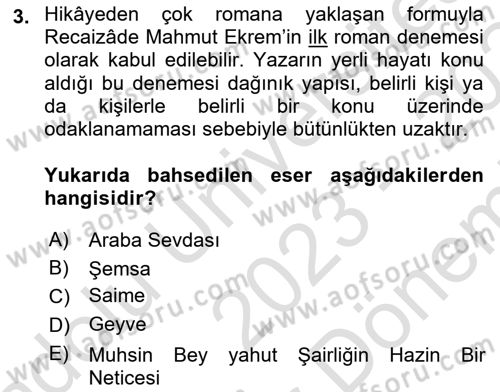 Tanzimat Dönemi Türk Edebiyatı 2 Dersi 2023 - 2024 Yılı (Final) Dönem Sonu Sınav Soruları 3. Soru