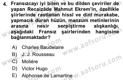 Tanzimat Dönemi Türk Edebiyatı 2 Dersi 2023 - 2024 Yılı (Final) Dönem Sonu Sınav Soruları 4. Soru