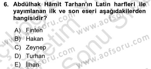Tanzimat Dönemi Türk Edebiyatı 2 Dersi 2023 - 2024 Yılı (Final) Dönem Sonu Sınav Soruları 6. Soru