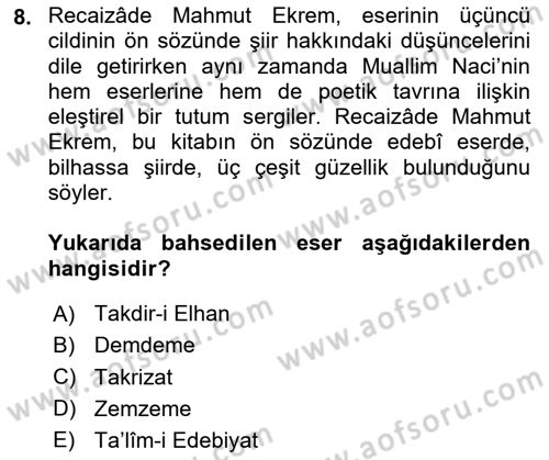 Tanzimat Dönemi Türk Edebiyatı 2 Dersi 2023 - 2024 Yılı (Final) Dönem Sonu Sınav Soruları 8. Soru