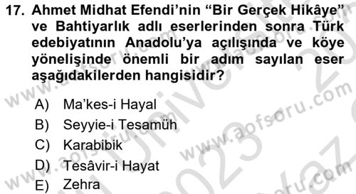 Tanzimat Dönemi Türk Edebiyatı 2 Dersi 2023 - 2024 Yılı Yaz Okulu Sınav Soruları 17. Soru