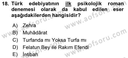 Tanzimat Dönemi Türk Edebiyatı 2 Dersi 2023 - 2024 Yılı Yaz Okulu Sınav Soruları 18. Soru