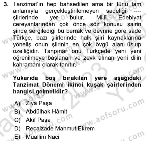 Tanzimat Dönemi Türk Edebiyatı 2 Dersi 2023 - 2024 Yılı Yaz Okulu Sınav Soruları 3. Soru