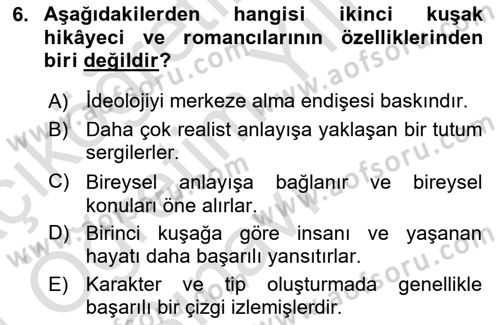 Tanzimat Dönemi Türk Edebiyatı 2 Dersi 2023 - 2024 Yılı Yaz Okulu Sınav Soruları 6. Soru