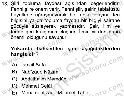 Tanzimat Dönemi Türk Edebiyatı 2 Dersi 2024 - 2025 Yılı (Final) Dönem Sonu Sınav Soruları 13. Soru